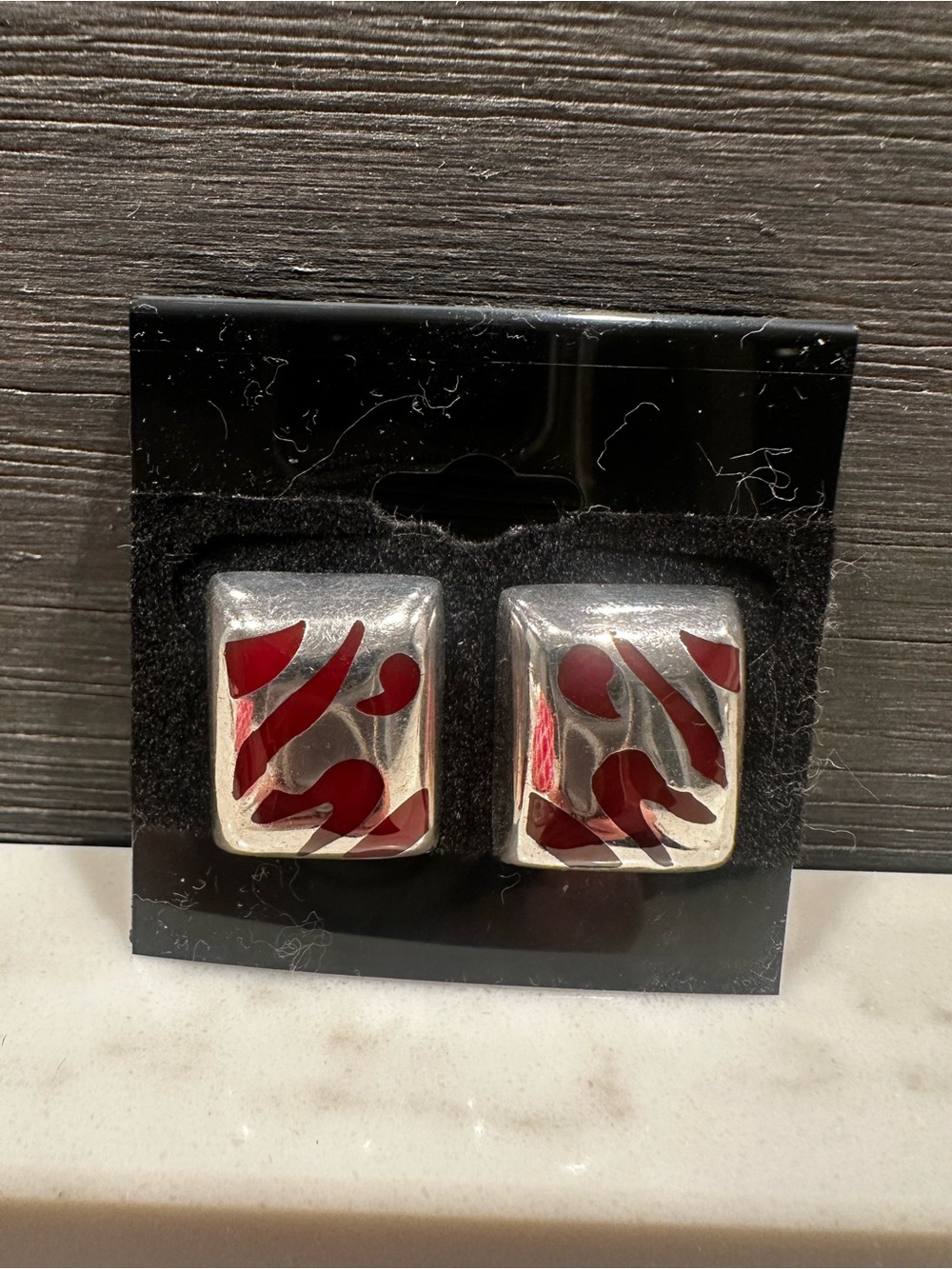 Vintage Taxco 925 Sterling Silver & Red Enamel Abstract Stud Earrings 0.5 oz